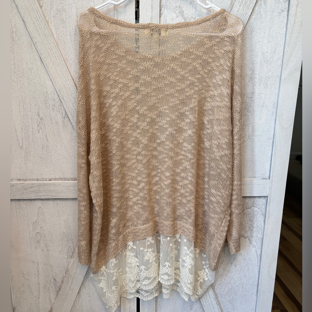UMGEE Oversized Open Knit Lace Ruffle Sweater Women’s Large Beige Tunic Top - Picture 3 of 10